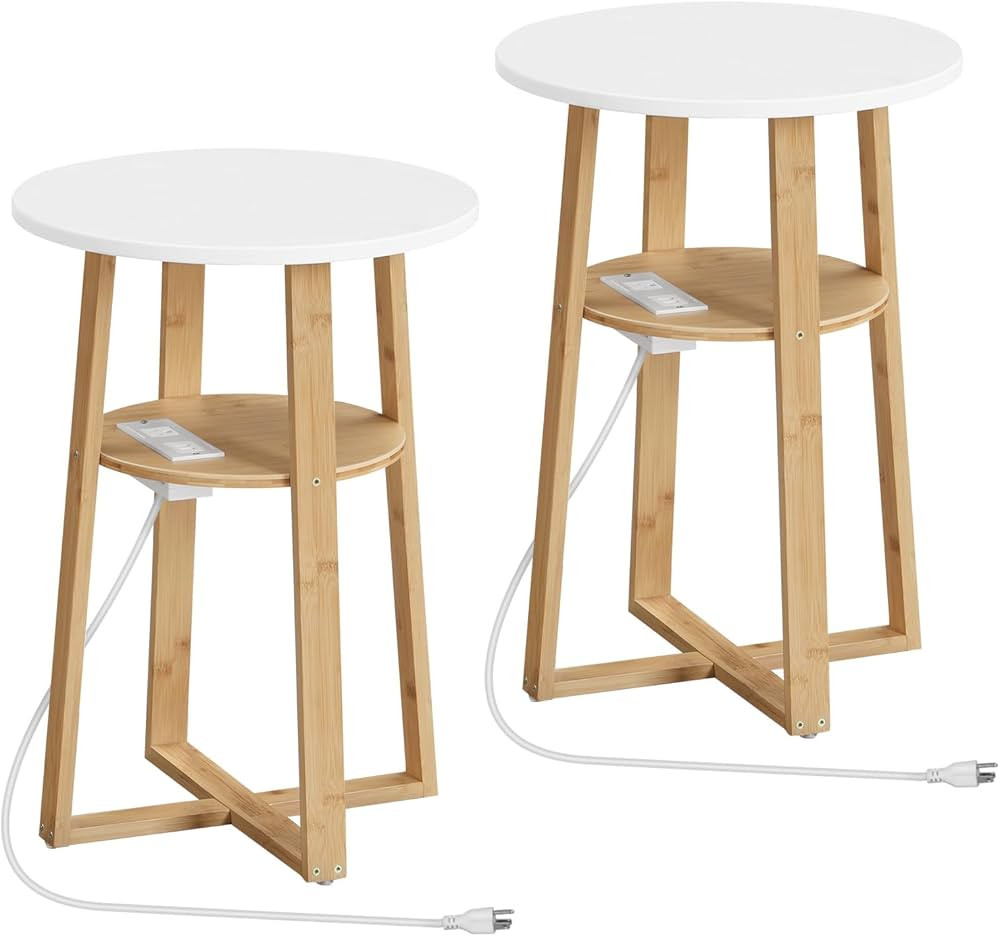 HOOBRO Set of 2 Round Side Tables with Charging Station, Round Accent End Table with Bamboo Legs ... | Amazon (US)