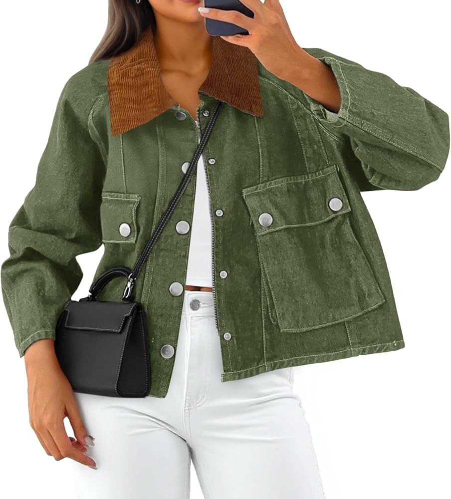 Cicy Bell Womens Cropped Denim Jacket Trendy Corduroy Collar Button Down Casual Barn Jacket for W... | Amazon (US)