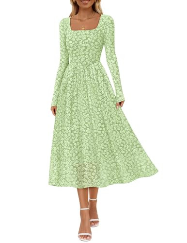 MEROKEETY Women's Floral 2025 Fall Midi Dresses Long Sleeve Square Neck Flowy A Line Wedding Ruched Dress Pockets, Green, X-Large | Amazon (US)
