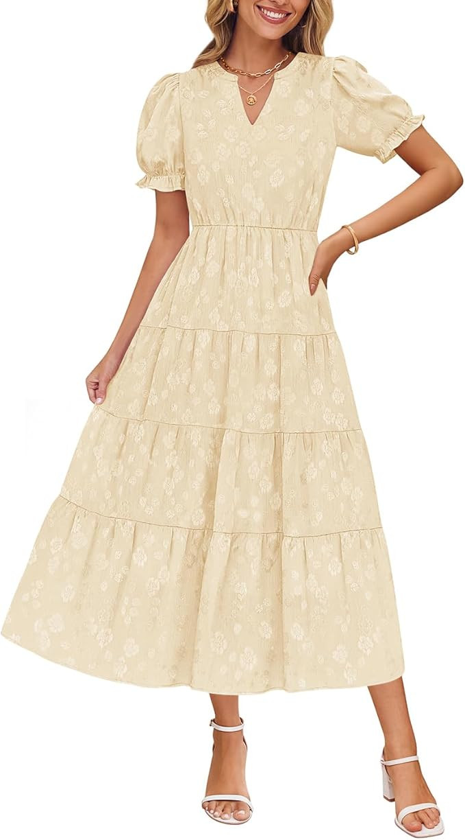 ZESICA Womens 2025 Summer Puff Short Sleeve Midi Dress Floral V Neck Textured Ruffle Flowy Beach ... | Amazon (US)