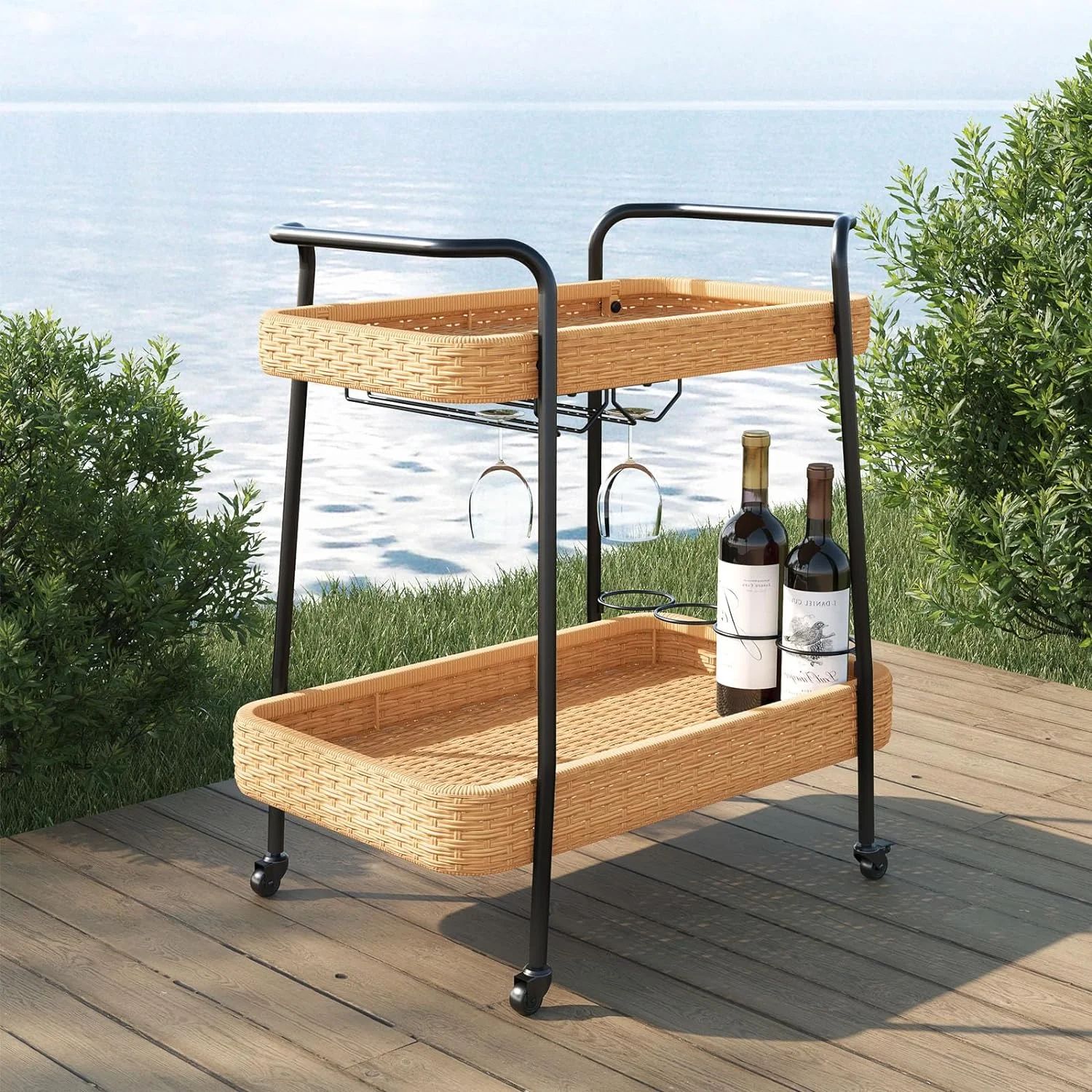 Grand Patio Outdoor & Indoor Wicker Rolling Bar Cart, 2-Tier Outdoor Serving Cart with Wheels Ste... | Walmart (US)