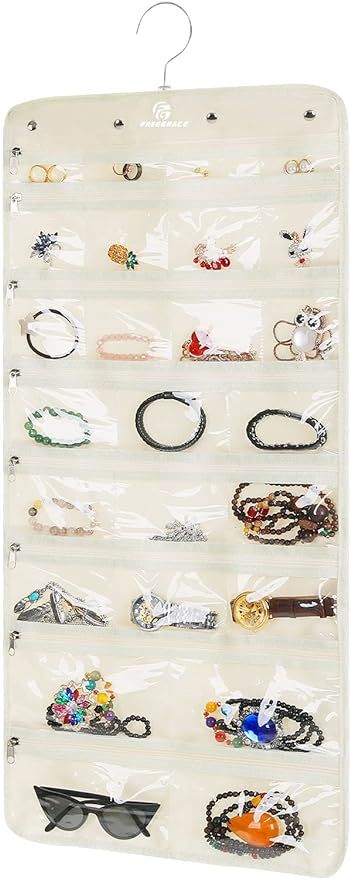Hanging Jewelry Organizer Revolving Hanger - Secure Zipper Closure - 50 Pockets - Foldable Storag... | Amazon (US)