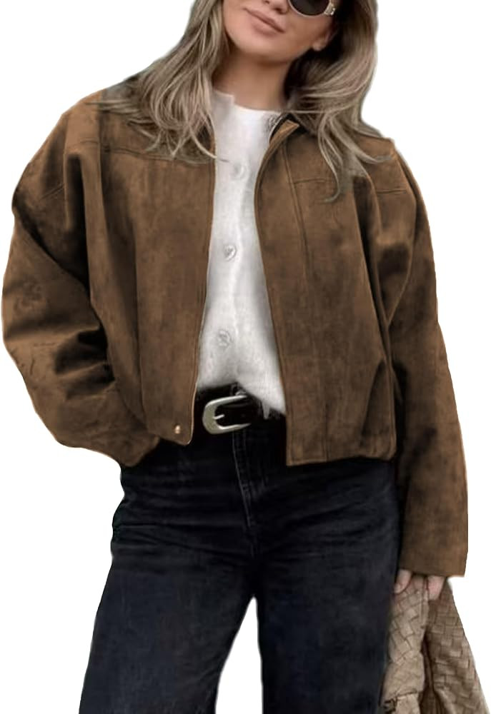 Women's Cropped Suede Bomber Jacket Long Sleeve Zipper Y2k Pilot Outerwear | Amazon (US)