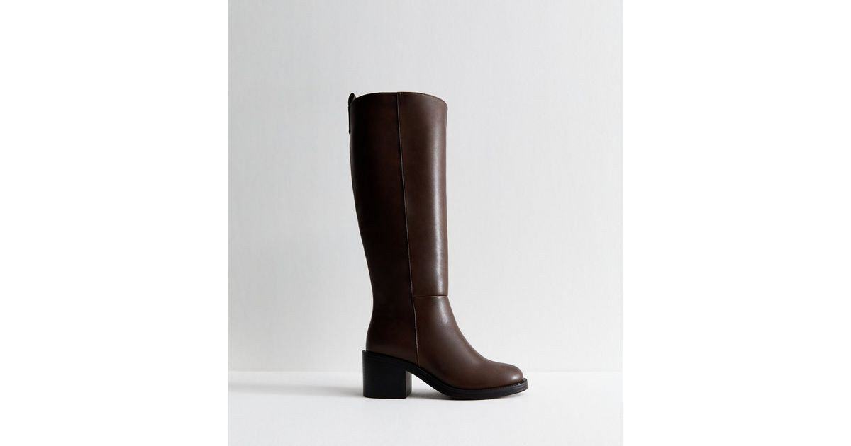 Dark Brown Faux Leather Heeled Knee High Boots | New Look | New Look (UK)