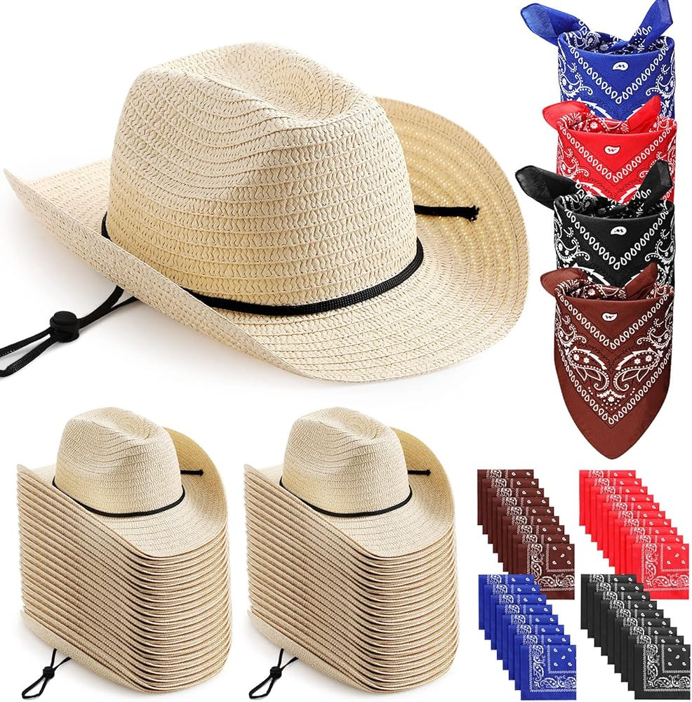 36 Set Classic Straw Cowboy Hats with Bandana Include 36 Cowboy Party Hats 36 Western Scarf in 4 ... | Amazon (US)