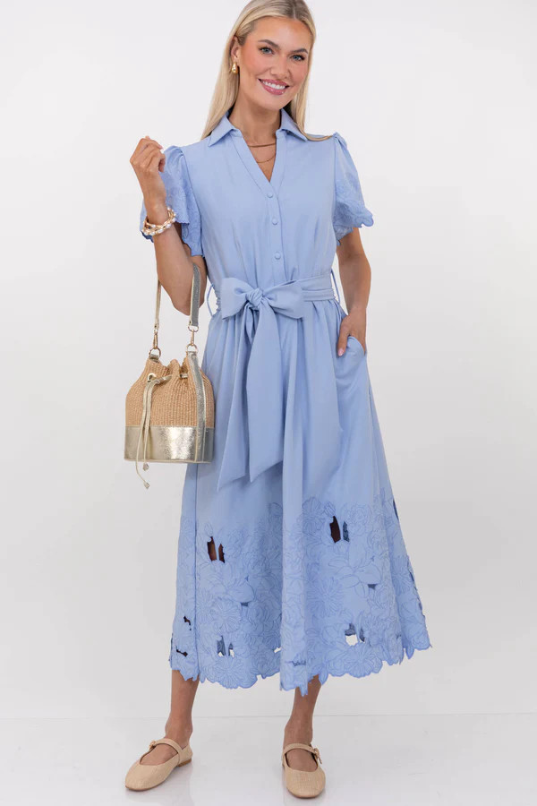 A Little Like Magic Light Blue Embroidered Midi Dress | The Mint Julep Boutique