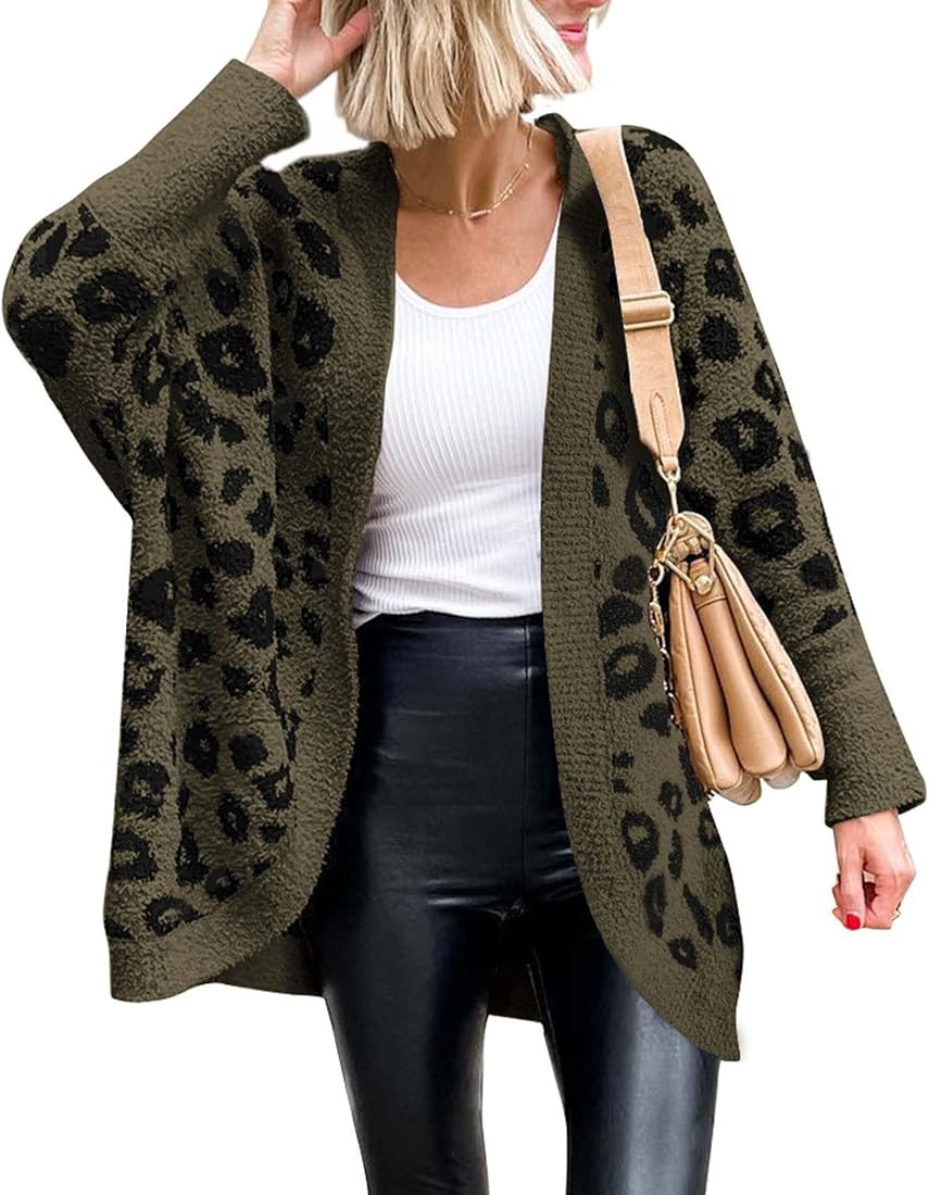 BTFBM Women Fashion Leopard Print Long Sleeve Sweater Cardigan Loose Knit Open Front Fall Winter ... | Amazon (US)