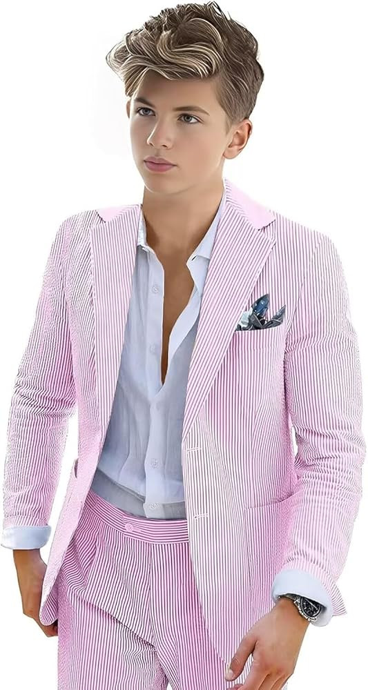 Boys Seersucker Suit 2 Piece Tuxedo for Boys Striped Blazer Pants Boys Summer Beach Wedding Suit | Amazon (US)