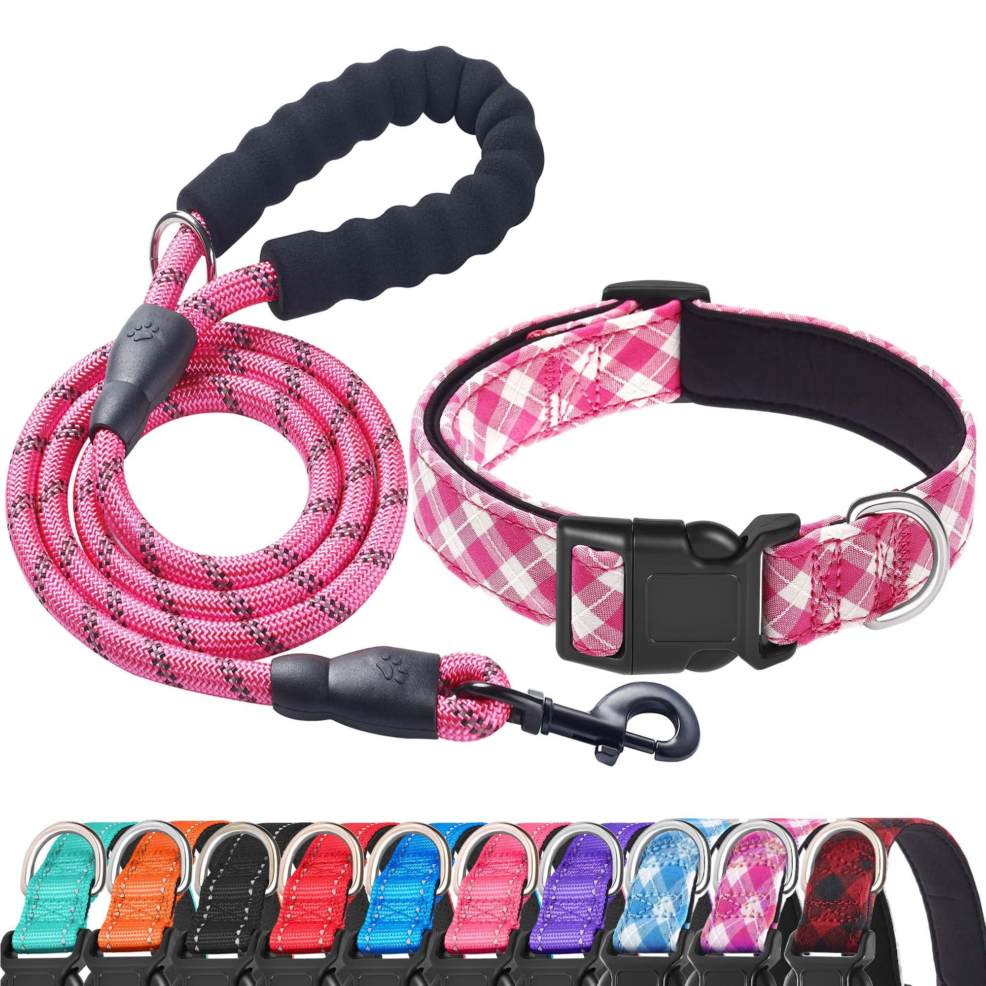 Reflective Dog Collar Padded with Soft Neoprene Breathable Adjustable Nylon Dog Collars for Small Medium Large Dogs (Large (Pack of 1), Pink Plaid Collar+Leash) | Amazon (US)