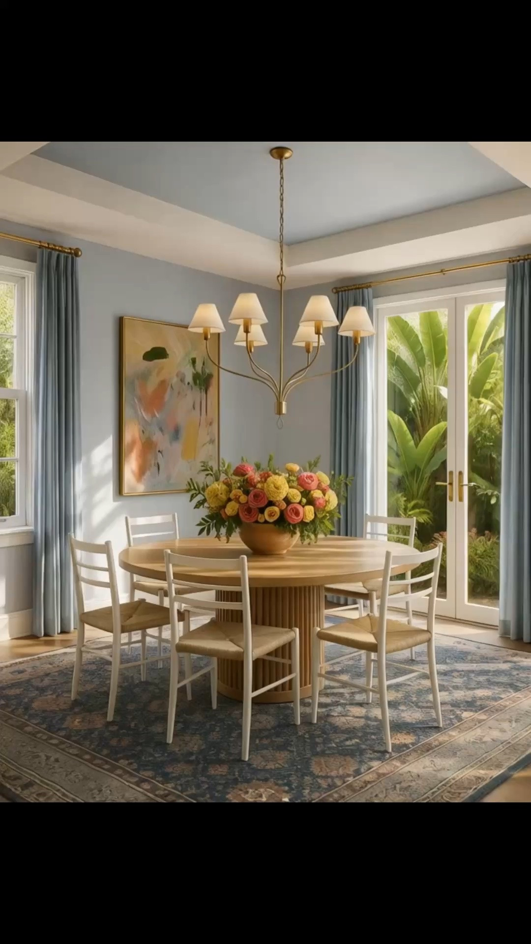 A dining room refresh can completely change how your home feels heading into fall entertaining season.

For this space, I started with a coastal-chic foundation, then layered in richer color and pattern through the rug and artwork to give the room more depth and a more seasonal feel.

One of my favorite details is the Serena & Lily Laguna Paperweave Wallcovering in Sky. I love this blue because it feels softer and more nuanced than a typical painted wall, while the woven texture adds subtle dimension and keeps the room from feeling flat.

At the center is the Serena & Lily Collins Round Dining Table. Its fluted pedestal base gives it beautiful architectural presence, while the round shape keeps the room feeling relaxed, inviting, and easy for conversation.

Overhead, I used the Griffin Large Staggered Tail Chandelier by Amber Lewis for Visual Comfort. I especially love its graceful silhouette and linen shades—it feels elegant, sophisticated, and sculptural without overpowering the room.

The result is a dining room that still feels bright and coastal, but with enough texture, warmth, and richer tones to transition beautifully into fall, Labor Day gatherings, and the holiday entertaining season.

Shop the dining table, dining chairs, wallpaper, rug, chandelier, art, drapes, and more for your own dining room refresh.

#LaborDaySale #DiningRoom #DiningRoomDesign #DiningRoomRefresh #CoastalChic #SerenaAndLily #LagunaPaperweave #Wallpaper #BlueWallpaper #CollinsDiningTable #DiningTable #DiningChair #VisualComfort #AmberLewis #GriffinChandelier #Chandelier #Lighting #Rug #AreaRug #Art #Artwork #Drapes #Curtains #WindowTreatments #FlowerArrangement #FallHome #HolidayEntertaining #LTKHome #LTKSaleAlert #LTKdayinmylife

#LTKdayinmylife #LTKHome #LTKSaleAlert