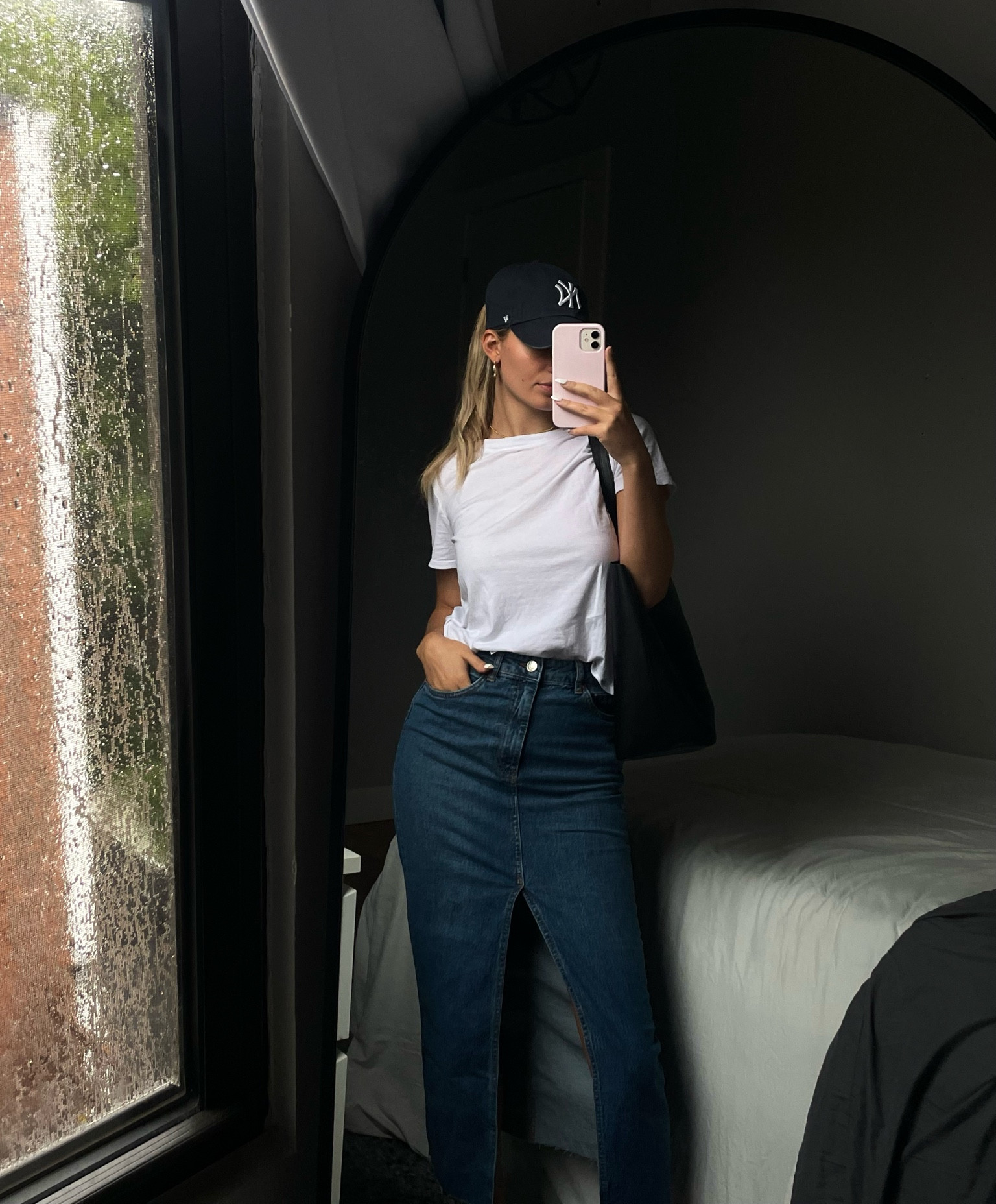 fall outfits, denim skirt, baseball cap, nike pandas, fall style, tote bag, basic outfit, casual outfit, trendy, outfit inspiration, ootd, outfit ideas

#LTKworkwear #LTKfindsunder50 #LTKstyletip