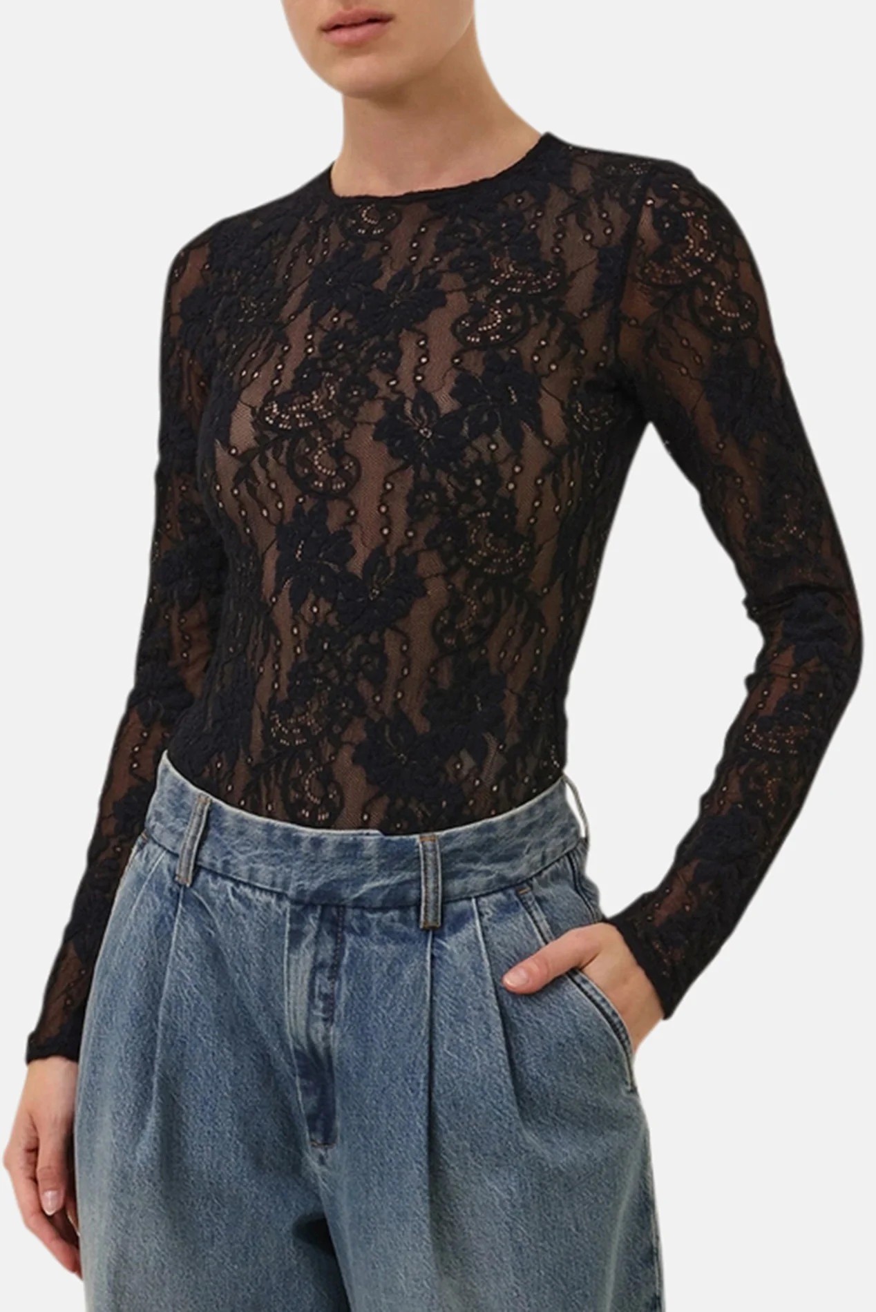Longsleeve Lace Bodysuit Black | Blue & Cream