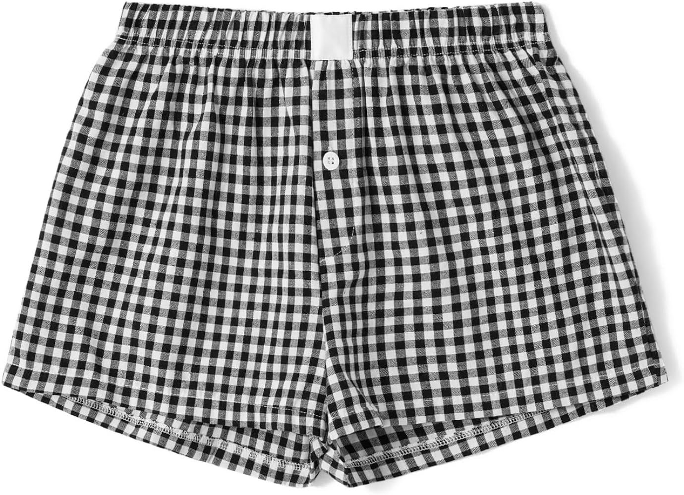 Meihuida Women Gingham Boxer Shorts Y2k Cute Stripes Plaid Button Elastic Waist Lounge Boxers | Amazon (US)