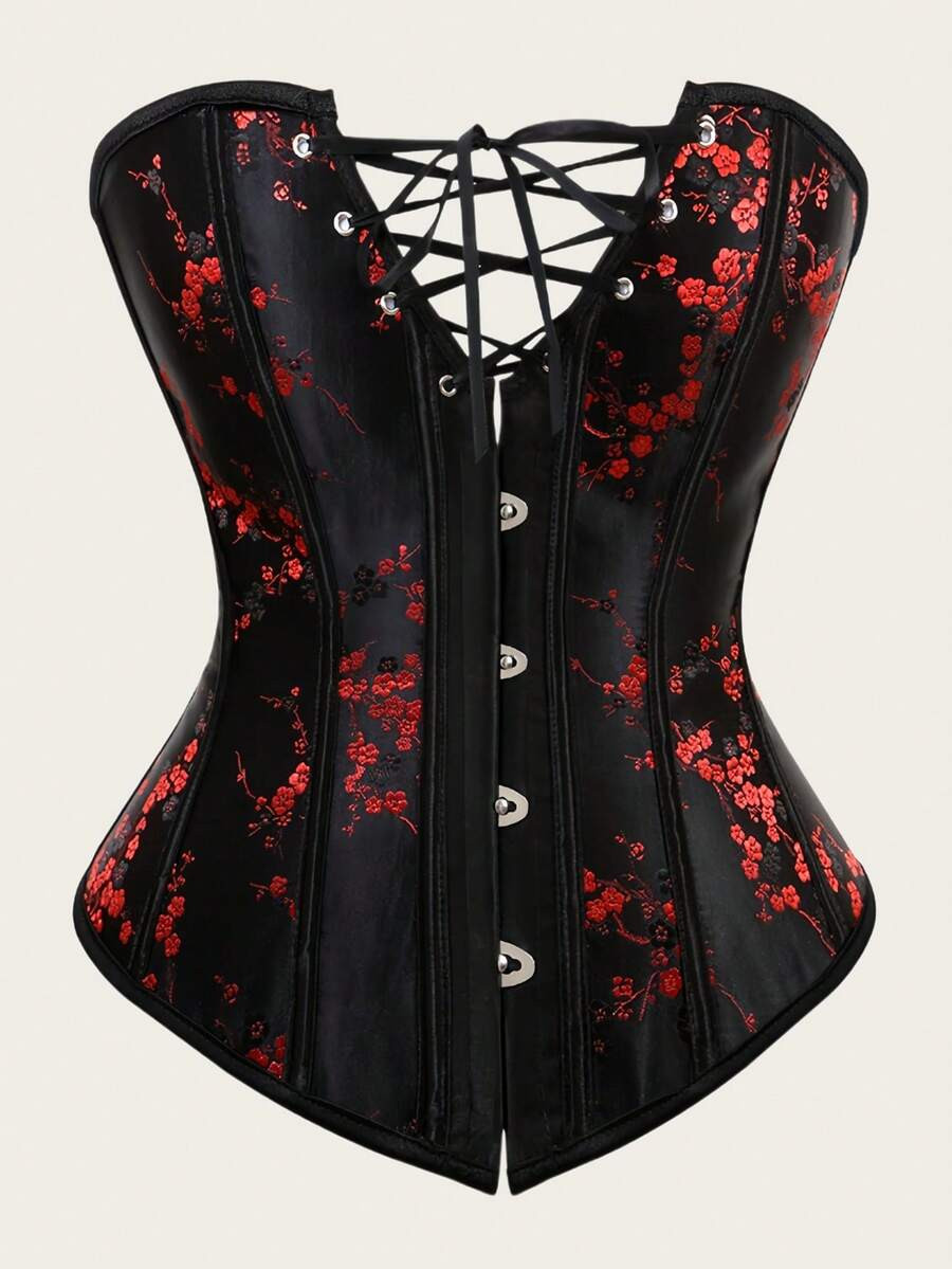 Jutrisujo Women's Corset Bustier Plus Size Brocade Pattern Lace Up Through Top Floral Overbust Ha... | SHEIN