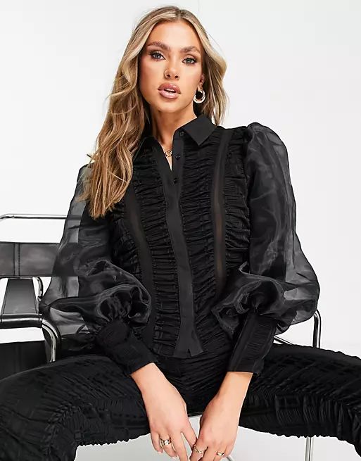 ASOS LUXE ruched chiffon shirt in black - part of a set | ASOS (Global)