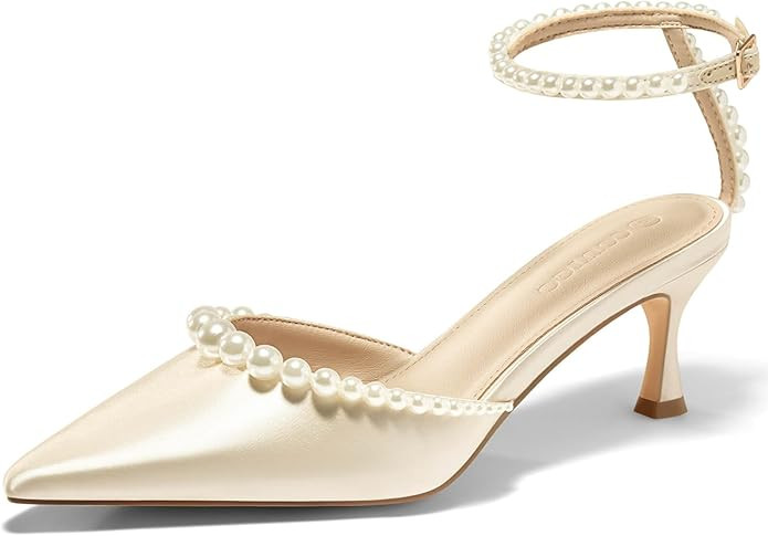 Coutgo Womens Pearl Kitten Heels Closed Pointed Toe Wedding Bride Dress Shoes Ankle Strap Satin P... | Amazon (US)