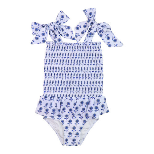 Navy Floral Smocked Lycra Swimsuit - Shipping Late May | Cecil and Lou