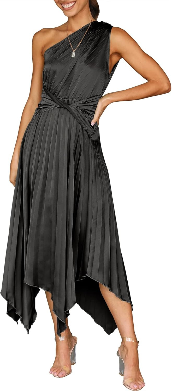 ANRABESS Women's Summer One Shoulder Midi Dress Sleeveless Twist Pleated Asymmetric Satin Cocktai... | Amazon (US)