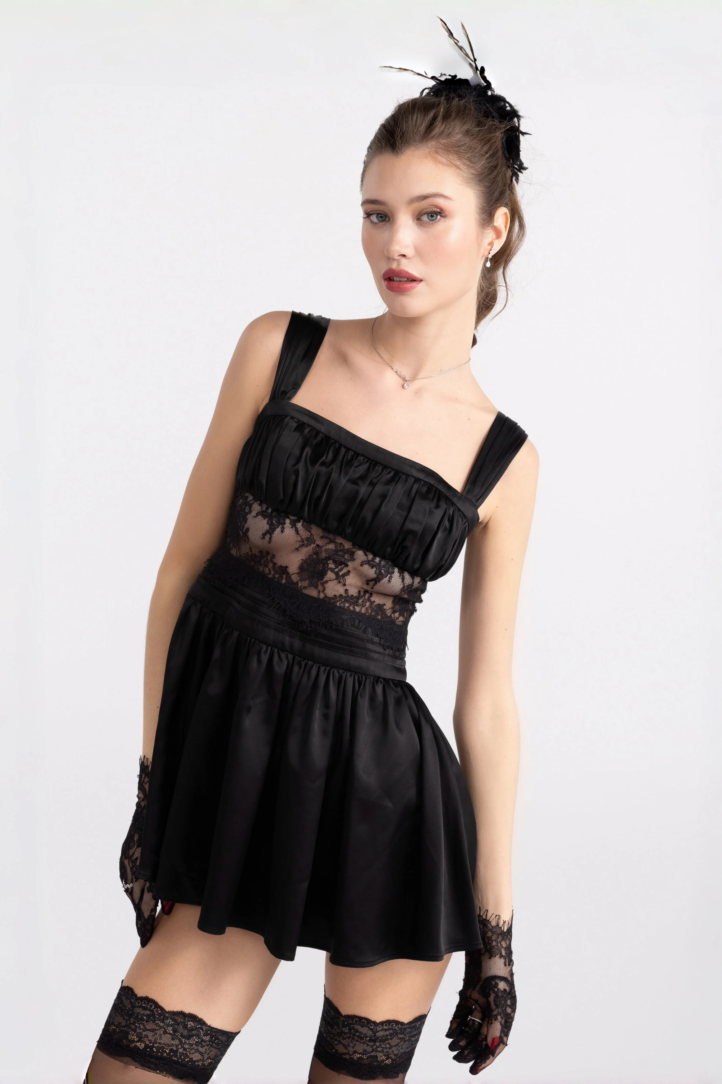 Naomi Lace Satin Mini Dress: Black Mini Dress for Cocktail Party | Nana Jacqueline | Nana Jacqueline