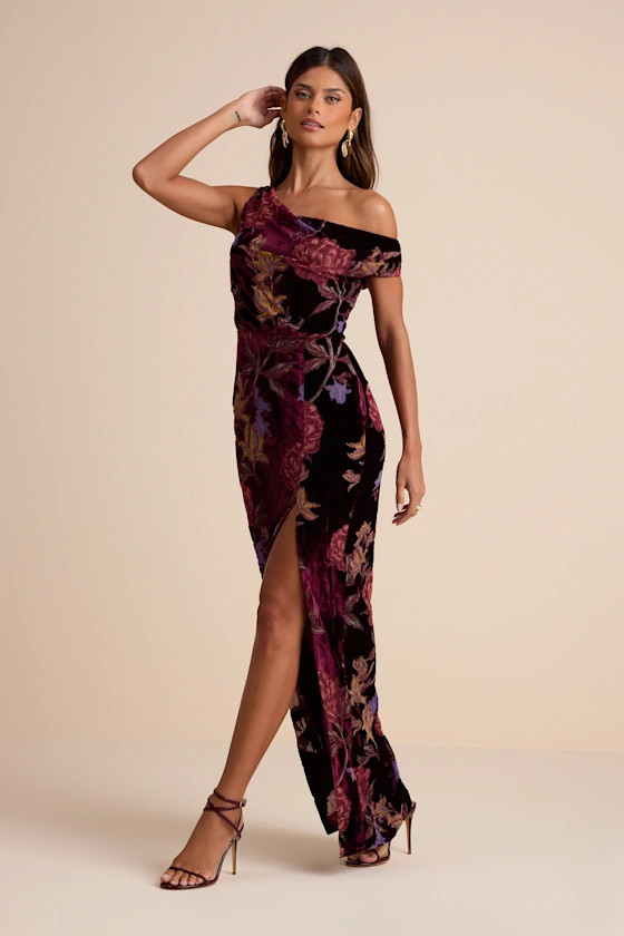 Marnella Burgundy Floral Velvet Burnout Asymmetrical Maxi Dress | Lulus