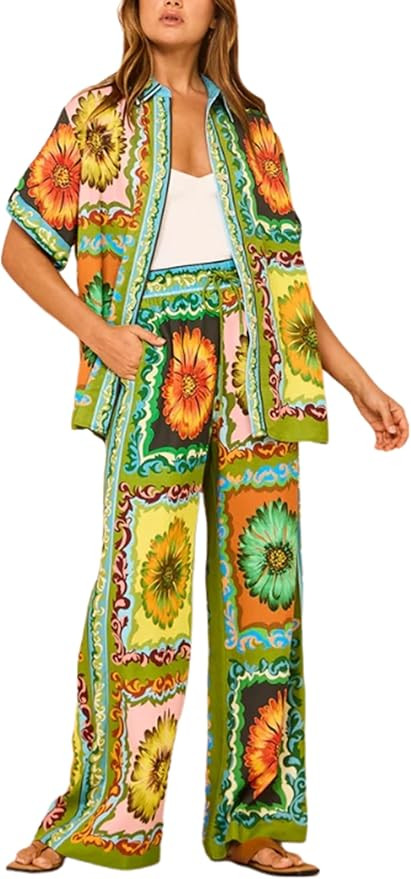 Pajamas For Women Set Printed 2 Piece Outfits Button Down Top and Loose Pant Sleepwear Sets | Amazon (US)