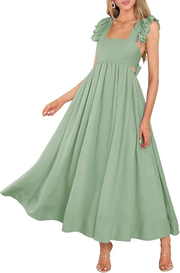 MITILLY Women's Summer Flutter Sleeve Square Neck Tie Back Casual Pleated A-Line Flowy Maxi Dress... | Amazon (US)