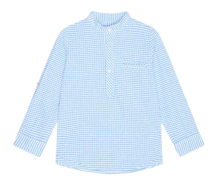La Coqueta Blue Gingham Mateo Long Sleeve Boy Shirt | JoJo Mommy