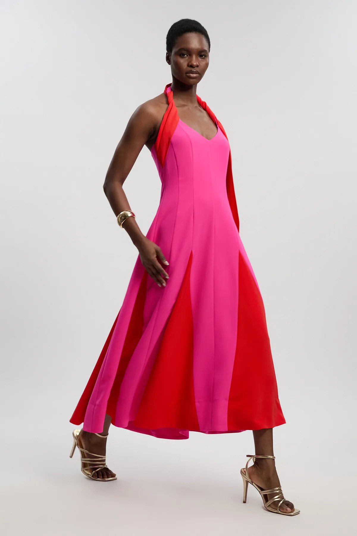 Pink Petite Soft Tailored Colour Block Detail Halter Neck Maxi Dress | Karen Millen | Karen Millen UK + IE + DE + NL