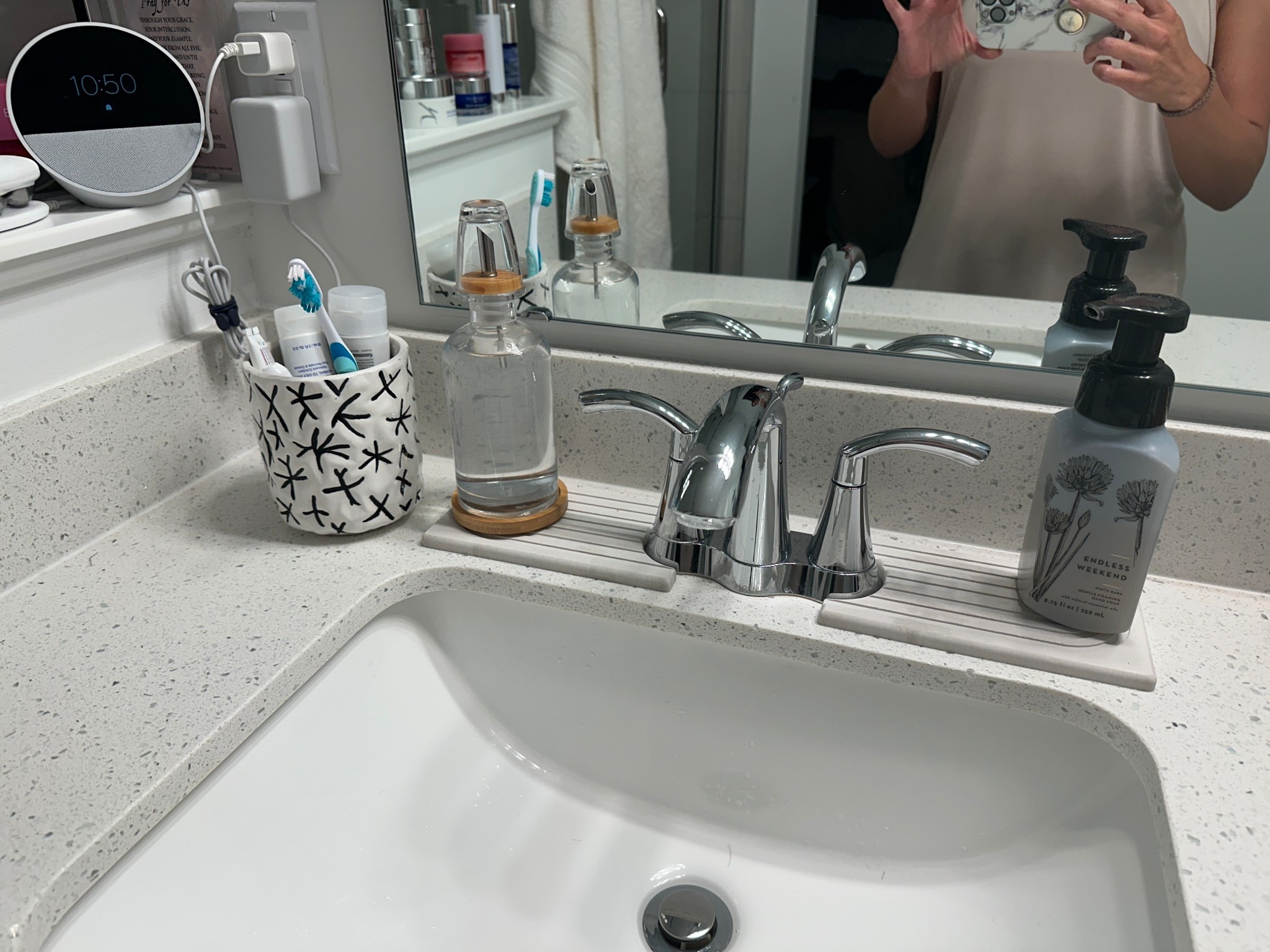 I cannot start my day without music playing so my echo spot is perfect for displaying the time while I get ready and showcasing my favorite playlist. 
These fast drying stone mats prevent that inevitable drip from your hands when turning off or adjusting the temp/flow of water while washing your hands or face. Noblesville water can be rough even with a softener and this just helps keep the water from staining the sink. 
Lastly, I love the convenience of having my mouthwash in this stylish craft right on the counter but wouldn’t want the entire huge Crest bottle sitting there. This offers the perfect alternative. 


#LTKHome #LTKFamily #LTKWedding