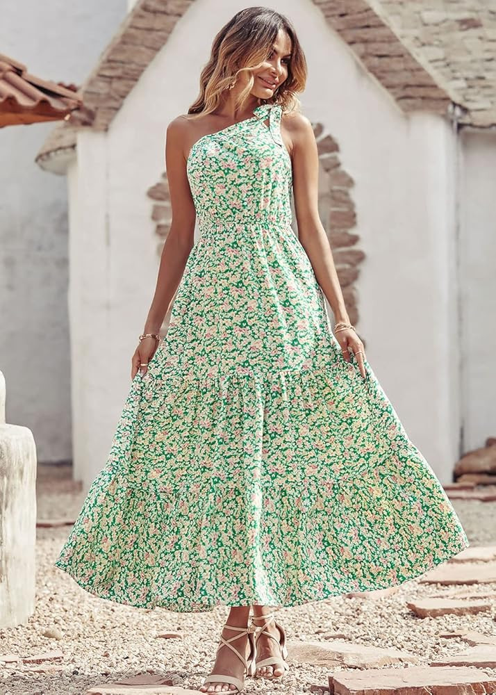 PRETTYGARDEN Women's Summer Floral Dress One Shoulder Sleeveless Knot Ruffled Hem Flowy Bohemian Max | Amazon (US)