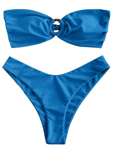 ZAFUL Women's Bandeau Bikini O Ring Strapless Tie Back High Cut Two Piece Swimsuit Bathing Suits (0-Deep Blue, M) | Amazon (US)