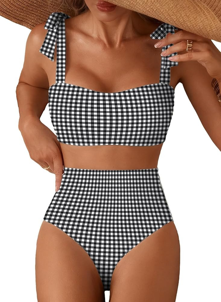 Herseas Women's Tie Shoulder Bikini Sets 2 Piece Striped Swimsuits High Waisted Bathing Suits | Amazon (US)