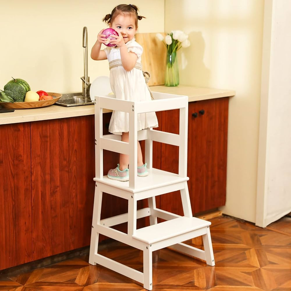 Kids Kitchen Step Stool for Kids with Safety Rail,Solid Wood Construction Toddler Learning Stool ... | Amazon (US)