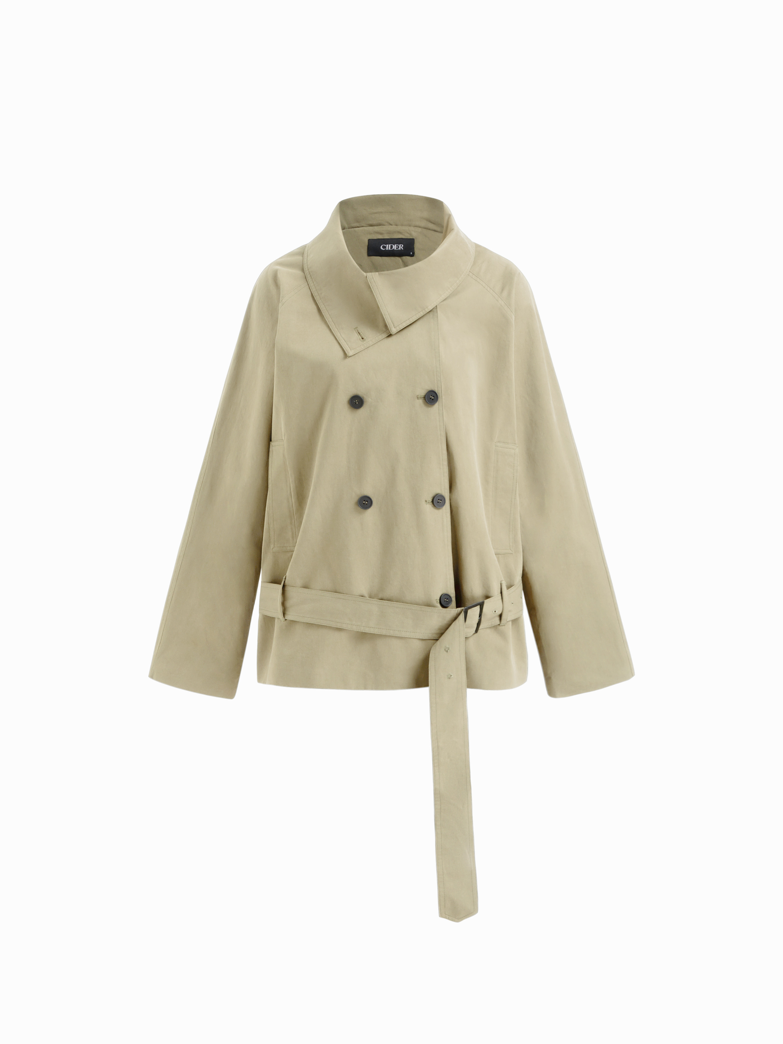 Woven Multi-way Cotton Funnel Neck Double Breasted Oversized Windbreaker With Belt For Daily Casu... | Cider