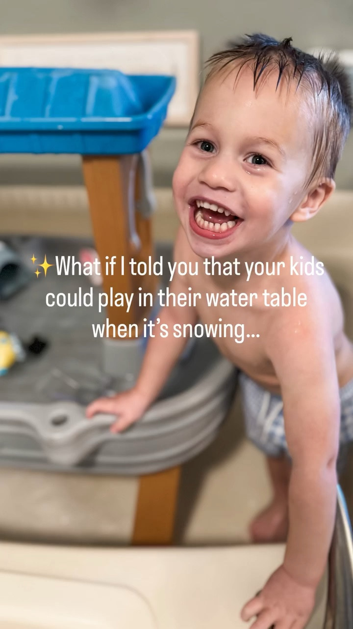 This is a FAVORITE! Put those water tables to use in the winter, trust me you won’t regret it! Put on those bathing suits, run the warm water, throw in the best water toys & let the kids go wild! Best part ➡️ no sunscreen! Message me for 🔗 to the best water table that fits in the tub & the best water toys!