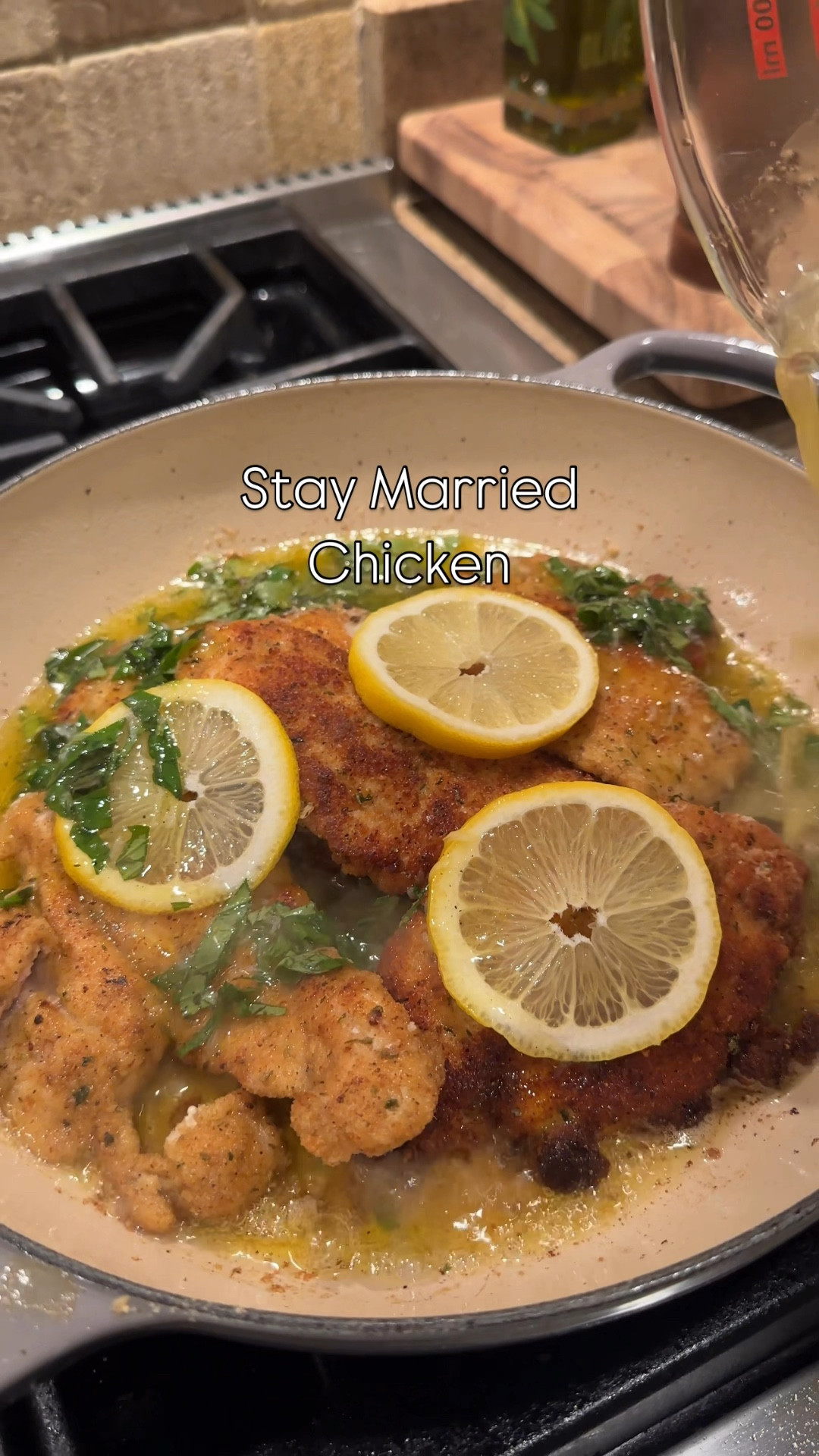 Leslie Stern’s Stay Married Chicken (serves 3-4)

Ingredients:
For the Chicken:

4-6 pieces of thinly sliced chicken breast
1/3 cup half & half (for coating)
1 ½ cups seasoned breadcrumbs
Olive oil (enough to coat the bottom of the pan)
2 tablespoons butter
Seasonings: salt, pepper, Italian seasonings, garlic powder

For the Lemon Sauce:
Juice of 2 large lemons (about ½ cup, fresh juice only)
Equal parts olive oil
2 garlic cloves, grated
A handful of fresh basil, chopped
A dash of salt, pepper, Italian seasoning, and paprika
4-5 slices of lemon
Instructions:

Make the Lemon Sauce:
In a bowl, combine the lemon juice, salt, pepper, Italian seasoning, grated garlic, and paprika. Let sit for 1 minute.
Slowly whisk in an equal amount of olive oil until well combined. Stir in chopped basil and set aside.

Prepare the Oven and Chicken:
Preheat your oven to 325°F (160°C).
Season the chicken breasts with salt, pepper, and Italian seasonings.
Place the chicken in a bowl and pour the half & half over it, ensuring all pieces are evenly coated.

Coat the Chicken:
Dip each chicken breast into the seasoned breadcrumbs, covering all sides.

Sear the Chicken:
Heat a heavy-bottomed pan and add a swirl of olive oil and a teaspoon of butter. The oil should just coat the bottom of the pan. 
Once the oil is hot, sear the chicken for about 2-3 minutes on each side until golden brown. (The chicken doesn’t need to be fully cooked; it will finish in the oven.)
Remove the browned chicken and place it on a paper towel-lined plate. Repeat with the remaining pieces.

Combine and Bake:
Once all the chicken is browned, place it back in the hot pan, over a medium heat and top with lemon slices. Pour the lemon sauce over all of the chicken.
Let it bubble on the stove for about 2 minutes.
Transfer the pan to the oven and bake for 15-20 minutes, until golden brown and bubbling.

Serve:
Keep warm at 200°F until ready to serve. Pairs nicely with roasted potatoes, pasta, veggies, or rice!
