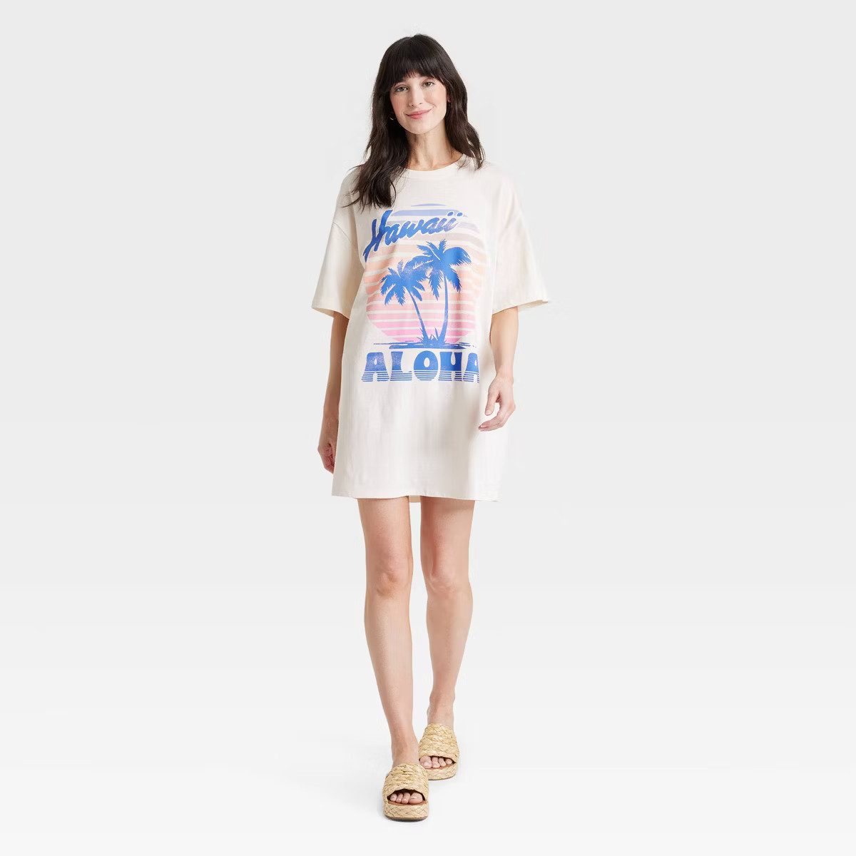Women's Hawaii Aloha Short Sleeve Graphic T-Shirt Dress - Off-White S/M | Target