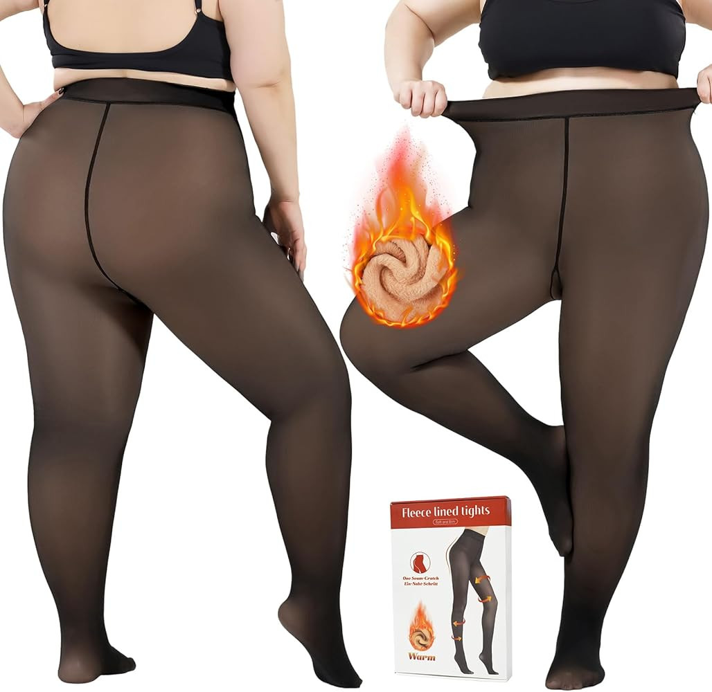 Women's Plus Size Fleece Lined Tights,Winter Warm Fake Translucent Tights,Thermal Thick Pantyhose... | Amazon (US)
