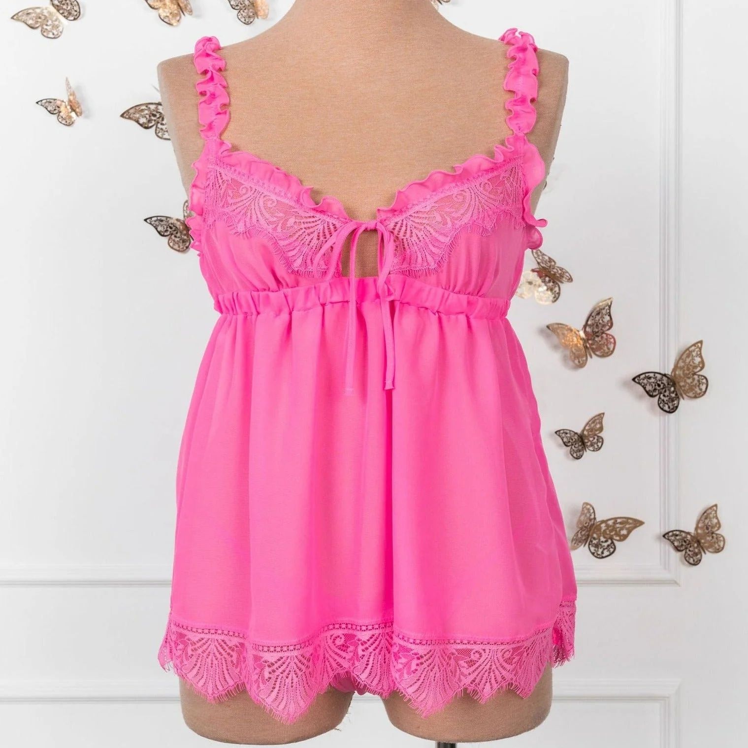 Ruffle Eyelash Lace Babydoll - Flamingo Pink | Mentionables