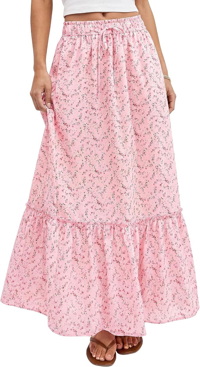 BTFBM Womens Boho Maxi Skirt 2026 Summer Floral High Waisted Flowy Tiered Long Spring Beach Vacat... | Amazon (US)