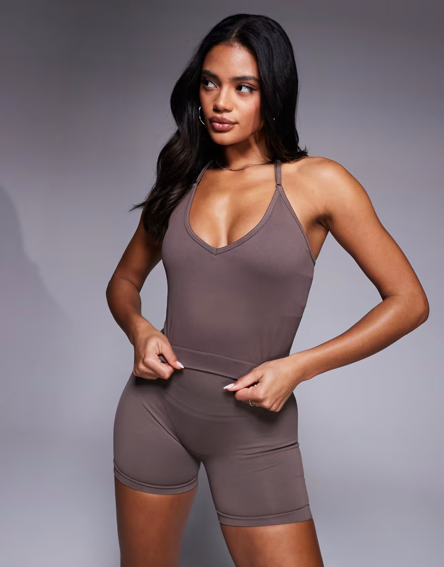 4505 seamless halter neck tank top with shelf bra in taupe-Brown | ASOS (Global)