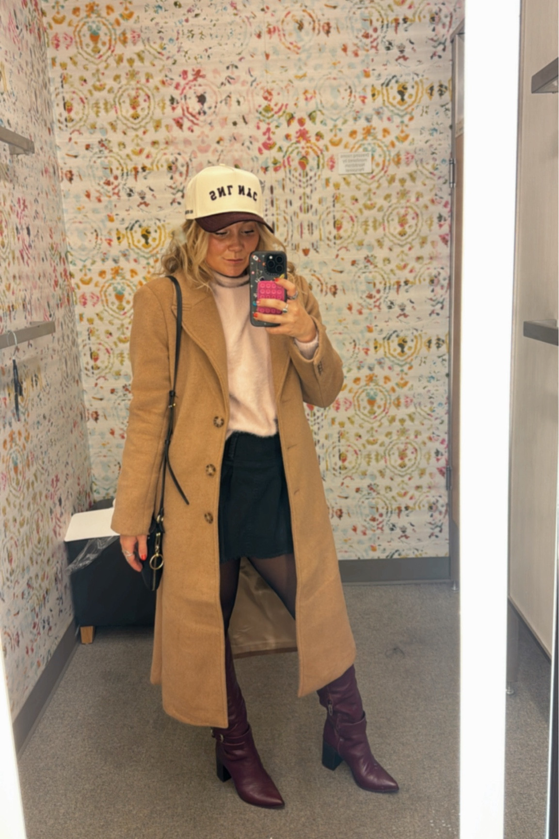 Date night, but make it chic 💕✨ This camel coat adds a timeless touch to a cozy turtleneck and mini skirt combo. Paired with tights and these burgundy boots for a bold pop—perfect for dinner and drinks on a chilly evening. 🧥🍷👢

#DateNightStyle #WinterChic #OOTD #LTKDateNight #EffortlessElegance