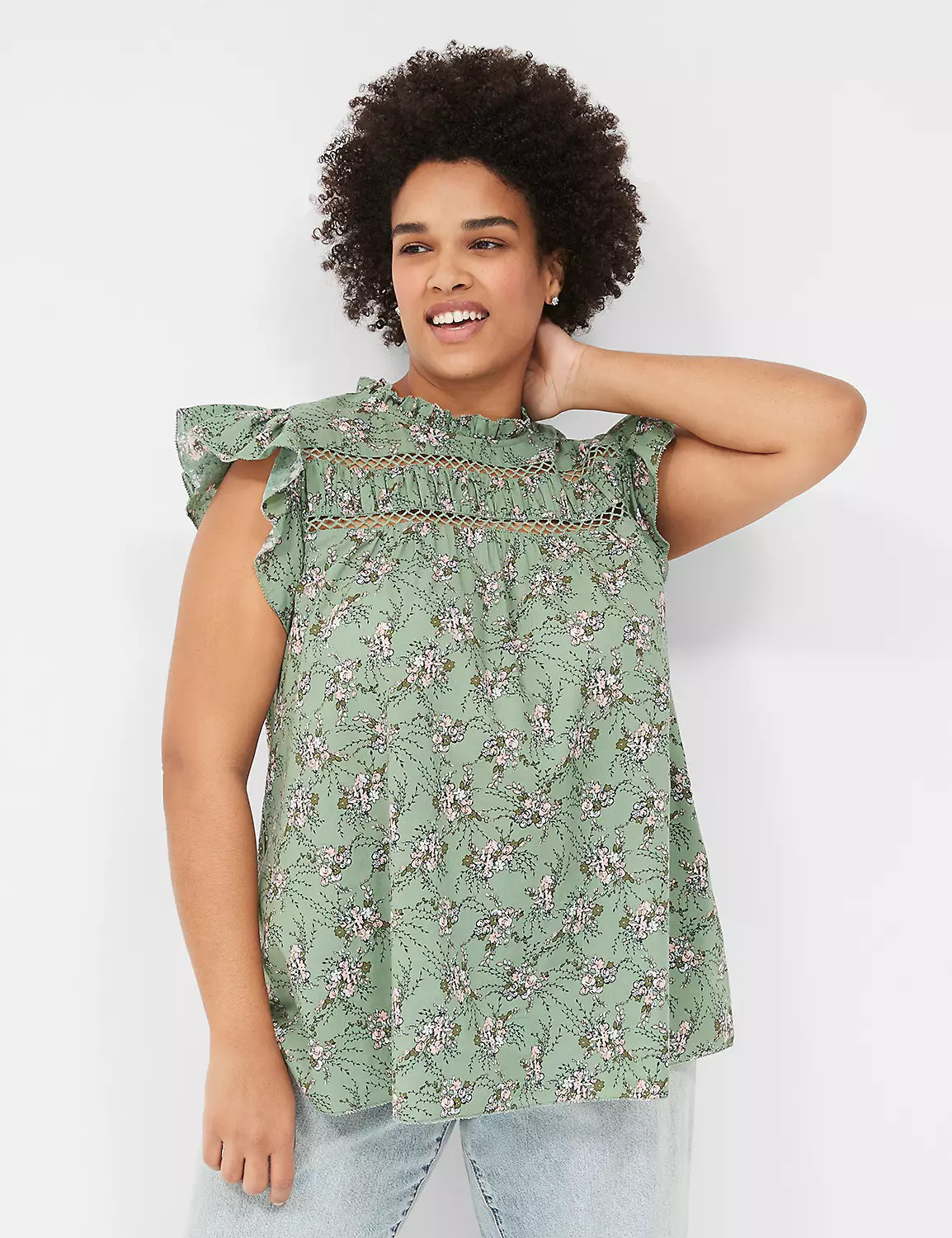 Woven & Knit Ruffle Cap-Sleeve Blouse | LaneBryant | Lane Bryant (US)