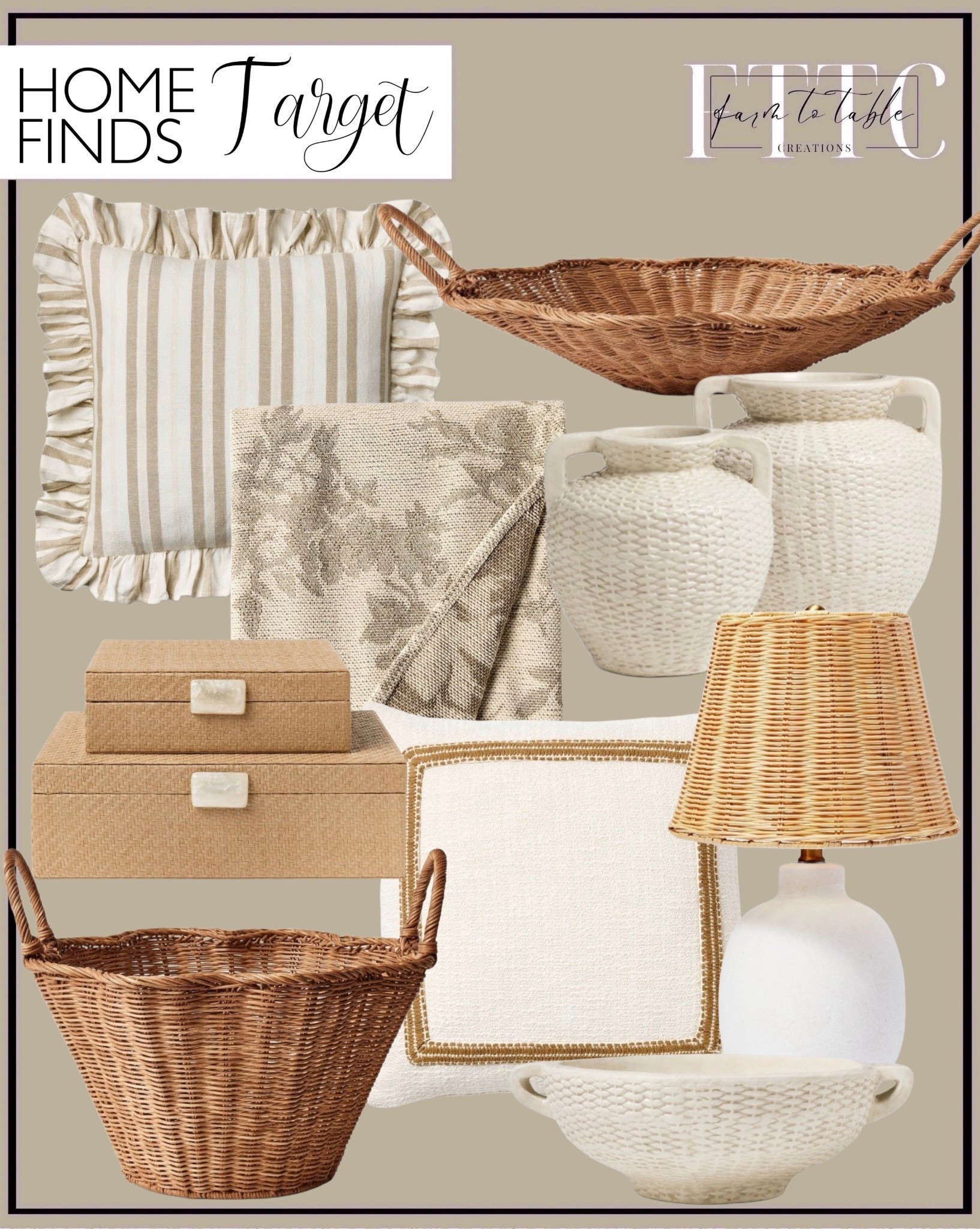 Target Neutral Home Finds You’ll Want Everywhere 🤍

Follow @farmtotablecreations on Instagram for more high-end looks for less 🤎

Tell me why Target is so good right now… 😍 The woven textures, soft neutrals, and those elevated little details are giving full designer vibes without the designer price. From the ruffled striped pillow to the prettiest wicker trays and textured ceramic vases—these are the kind of pieces that instantly warm up a space and make it feel styled, not staged.

I love mixing in baskets for both storage and decor, layering in soft textiles, and finishing with a statement lamp like this to pull everything together. It’s that cozy, collected look that always works 🤍

#targethome #homefinds #neutraldecor #throwpillows #homedecor #wickerdecor #storagebaskets #tablelamp #cozyhome #targetfinds #livingroomdecor #decorideas #neutralhome #homeinspo #affordabledecor

target home | neutral decor | woven textures | wicker baskets | decorative trays | throw pillows | neutral pillows | table lamp | ceramic vases | storage boxes | cozy home decor | living room styling | bedroom decor | entryway decor | coffee table styling | warm neutral home | target finds | affordable home decor | designer look for less | home styling ideas | layering textures | organic home | neutral aesthetic | basket decor | everyday styling

#LTKSaleAlert #LTKHome