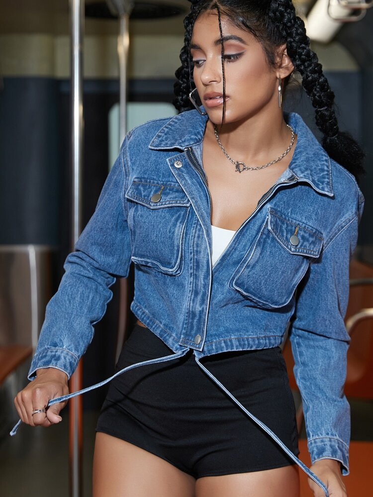 Zip Up Drawstring Crop Denim Jacket | SHEIN