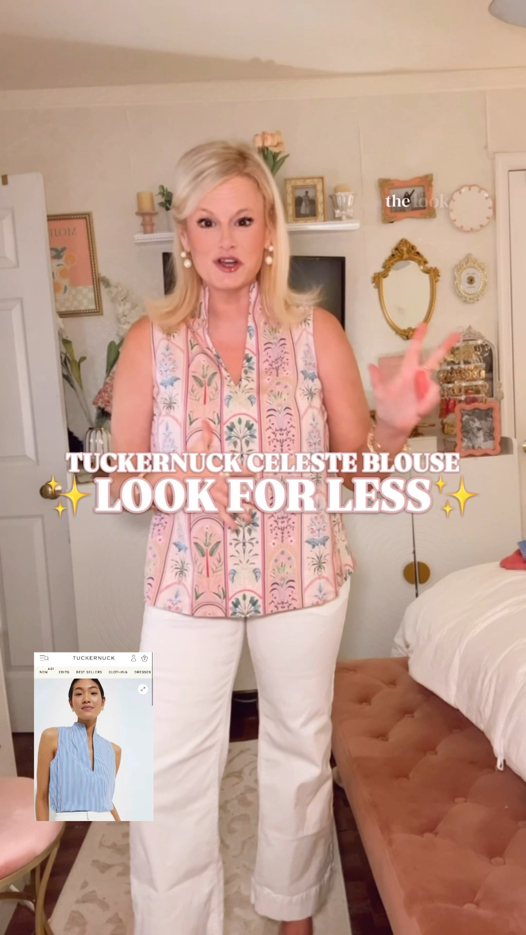 If Tuckernuck and Lilly Pulitzer had a baby, it would look exactly like this. And it is $17.85 on clearance at Belk.

The silhouette is pure Tuckernuck Celeste. The split neck, the sleeveless structure, the clean lines that make everything you pair it with look intentional. The print is pure Lilly. Botanical arches, soft pink ground, the kind of garden illustration that Lilly has been doing for decades and charging accordingly for.

Both of them. One top. Under $20.

100% cotton. Medium on me.

White pants. Linen trousers. A pencil skirt. 

This top does the work for every single one of them. Office. Brunch. Garden party. The occasion does not matter. The top shows up.

Tuckernuck look for less, Tuckernuck Celeste blouse dupe, Tuckernuck silhouette look for less, Lilly Pulitzer look for less, Lilly Pulitzer inspired top, Lilly Pulitzer style, botanical print top women, floral print blouse women, split neck top women, sleeveless blouse women, preppy top women, preppy spring outfit, preppy work outfit, work top women, work outfit women, business casual top women, business casual outfit women, office outfit women, teacher outfit spring, teacher top women, spring top women, summer top women, brunch top women, resort wear top, coastal style top, Palm Beach style top, Crown and Ivy Belk, Belk fashion finds, Belk clearance finds, affordable preppy fashion, cotton blouse women, printed blouse women, spring fashion 2026
#LTKFindsUnder100 #LTKFindsUnder50 #LookForLess #LillyPulitzer #Tuckernuck #PreppyStyle 

#LTKSaleAlert #LTKWorkwear #LTKSeasonal