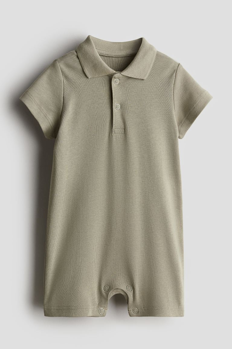 Cotton Jersey Romper Suit - Short sleeve - Short - Khaki green - Kids | H&M US | H&M (US + CA)
