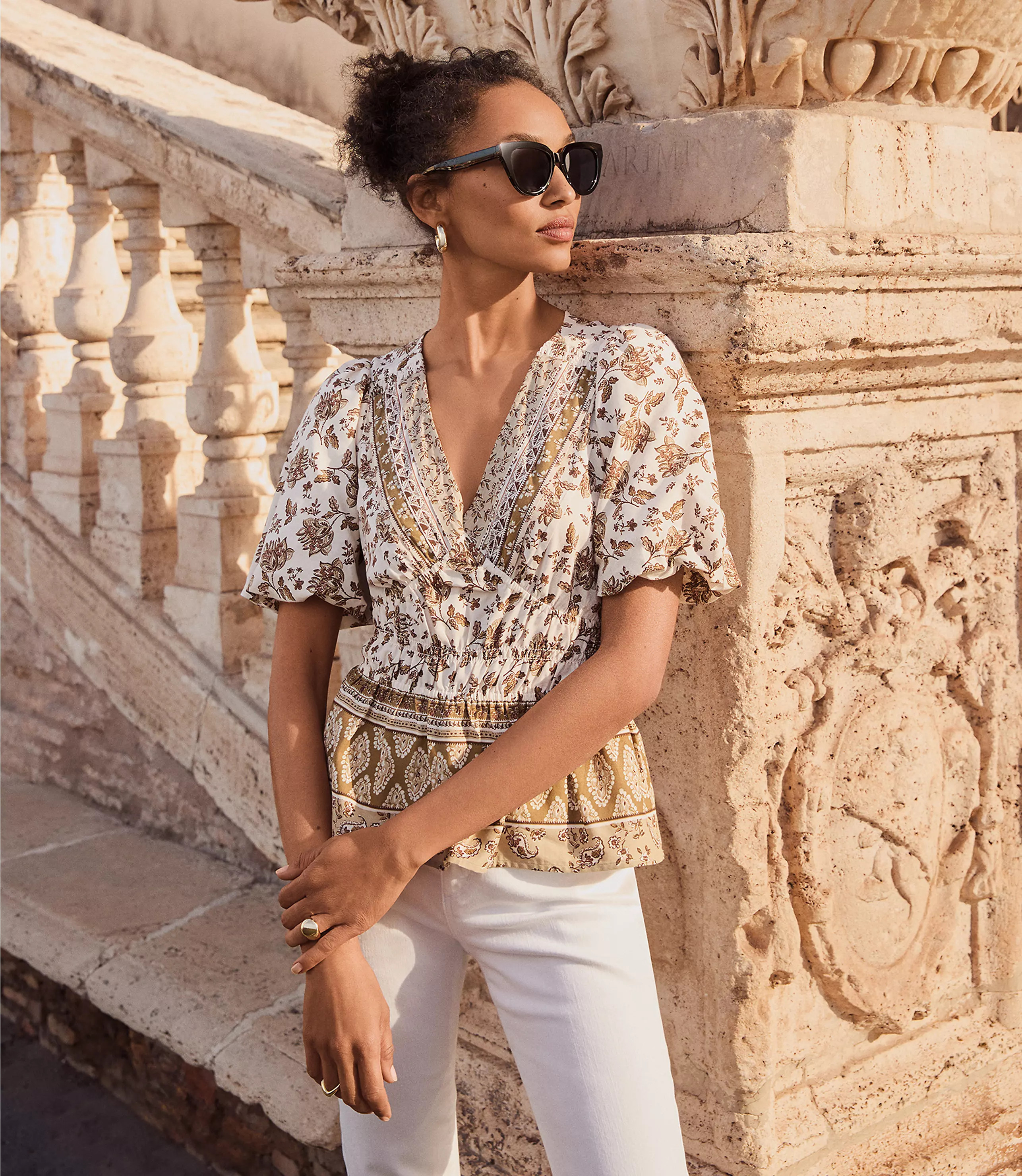 Striped Floral Pintucked V-Neck Peplum Blouse | LOFT