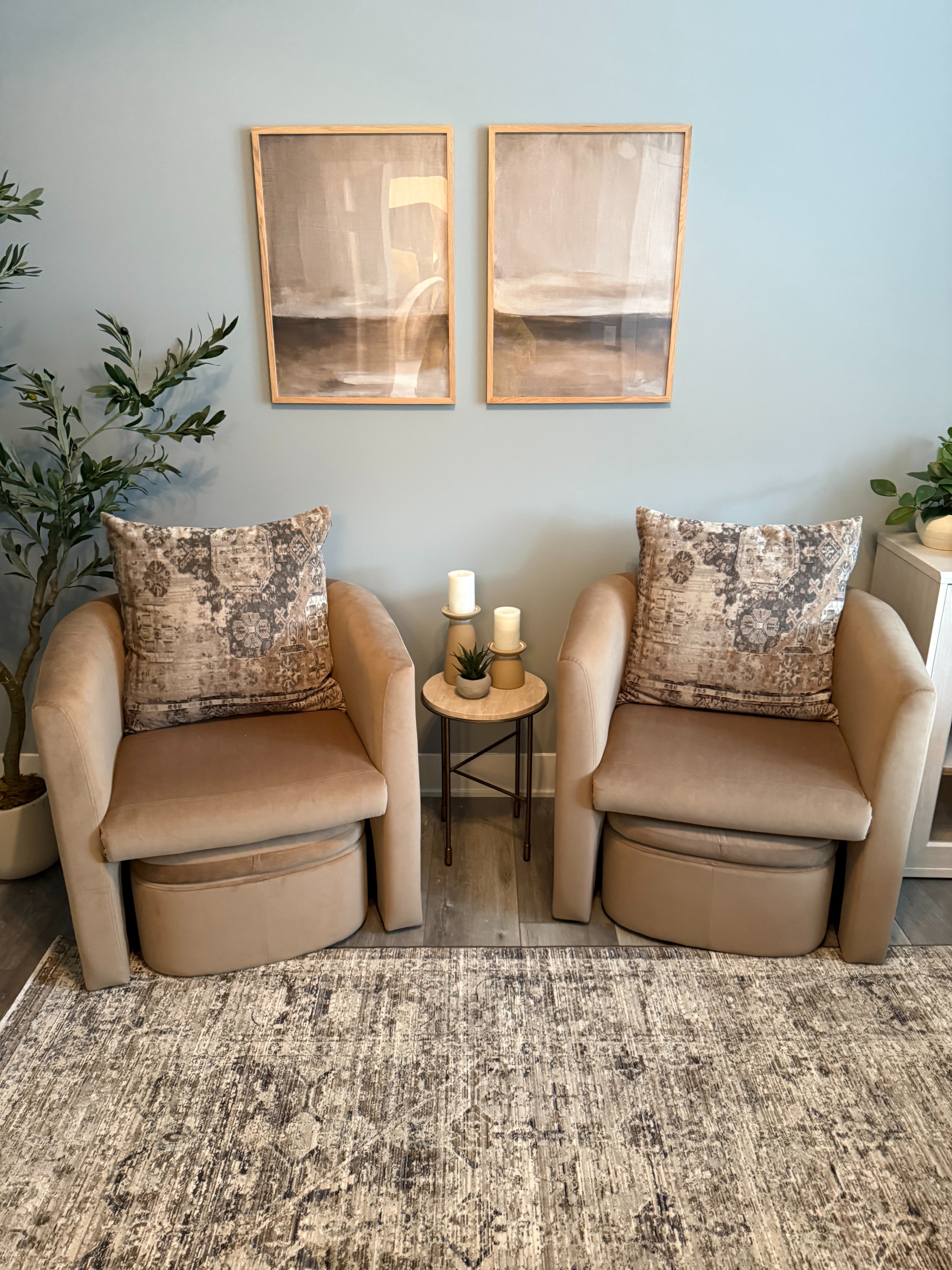 These accent chairs with hidden ottoman were quite the find. Perfect for an office or any room short on space without sacrificing comfort.  Paired with a rug, a small table + artwork and we created a seating area with interest.  

 #LTKHome #LTKSaleAlert
