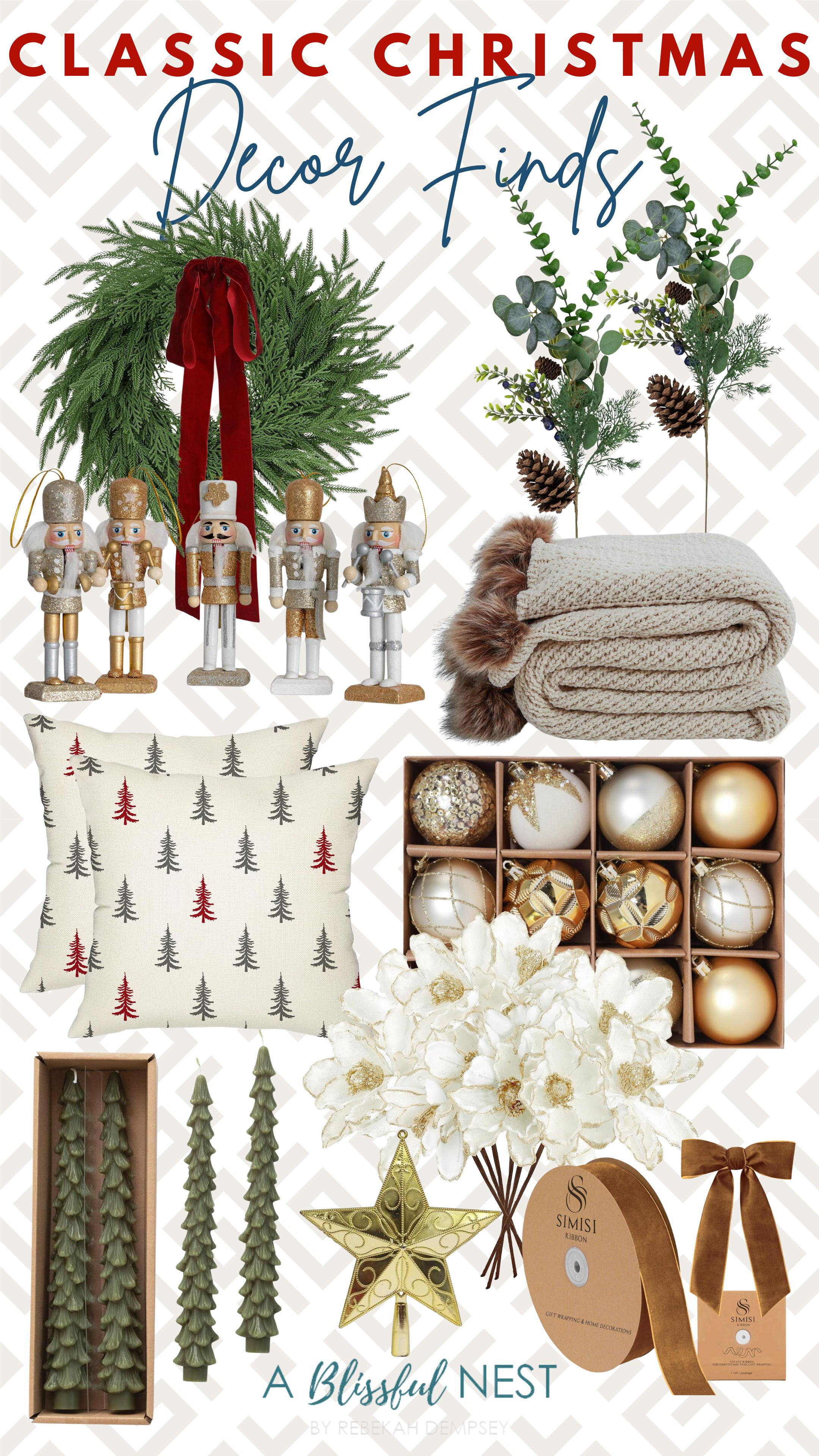 Bring that nostalgic Christmas magic home with these beautiful finds. Everything is linked for easy shopping!
Christmas pillow, faux eucalyptus stems, Christmas glitter flowers, Christmas tree topper, nutcracker hanging ornaments, copper velvet ribbon, artificial Norfolk pine & cedar Christmas wreath, Christmas tree ornaments, knit throw blanket, unscented tree shaped taper candles 

 #LTKHoliday #LTKHome #LTKFindsUnder100
